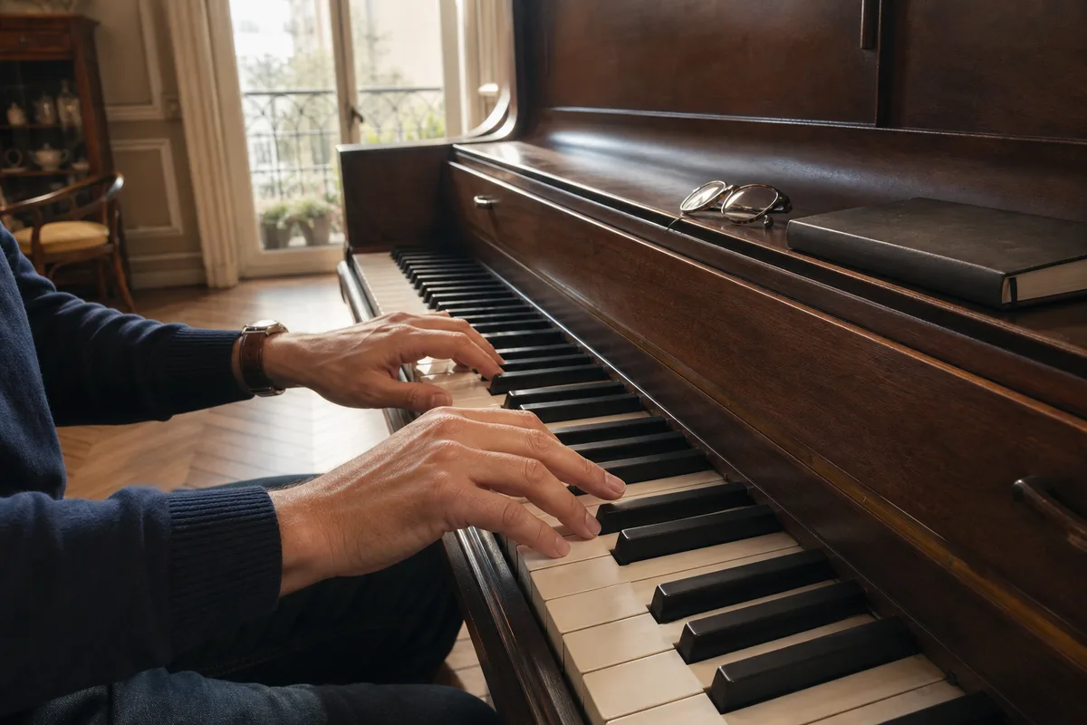 Mains d’un adulte posées sur les touches d’un piano droit en bois foncé dans un intérieur français