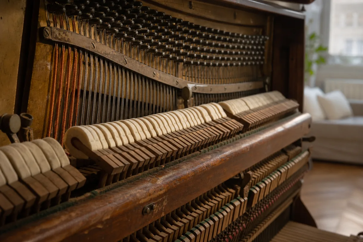 Mécanique intérieure d’un piano droit ouvert, marteaux feutrés et cordes visibles