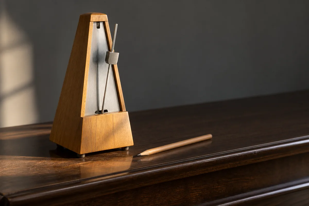 Métronome mécanique en bois posé sur un piano droit à côté d&rsquo;un crayon
