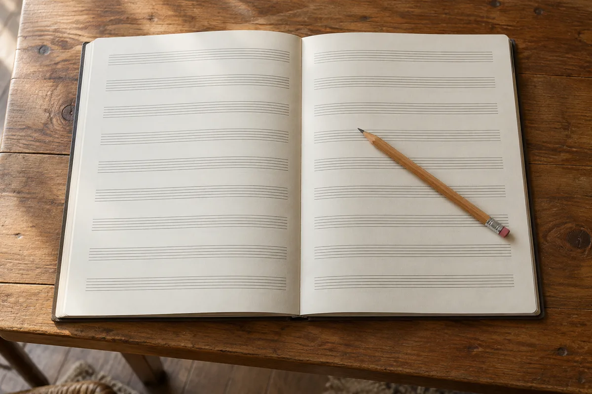 Cahier à portées vierges ouvert sur une table en bois avec un crayon posé en travers