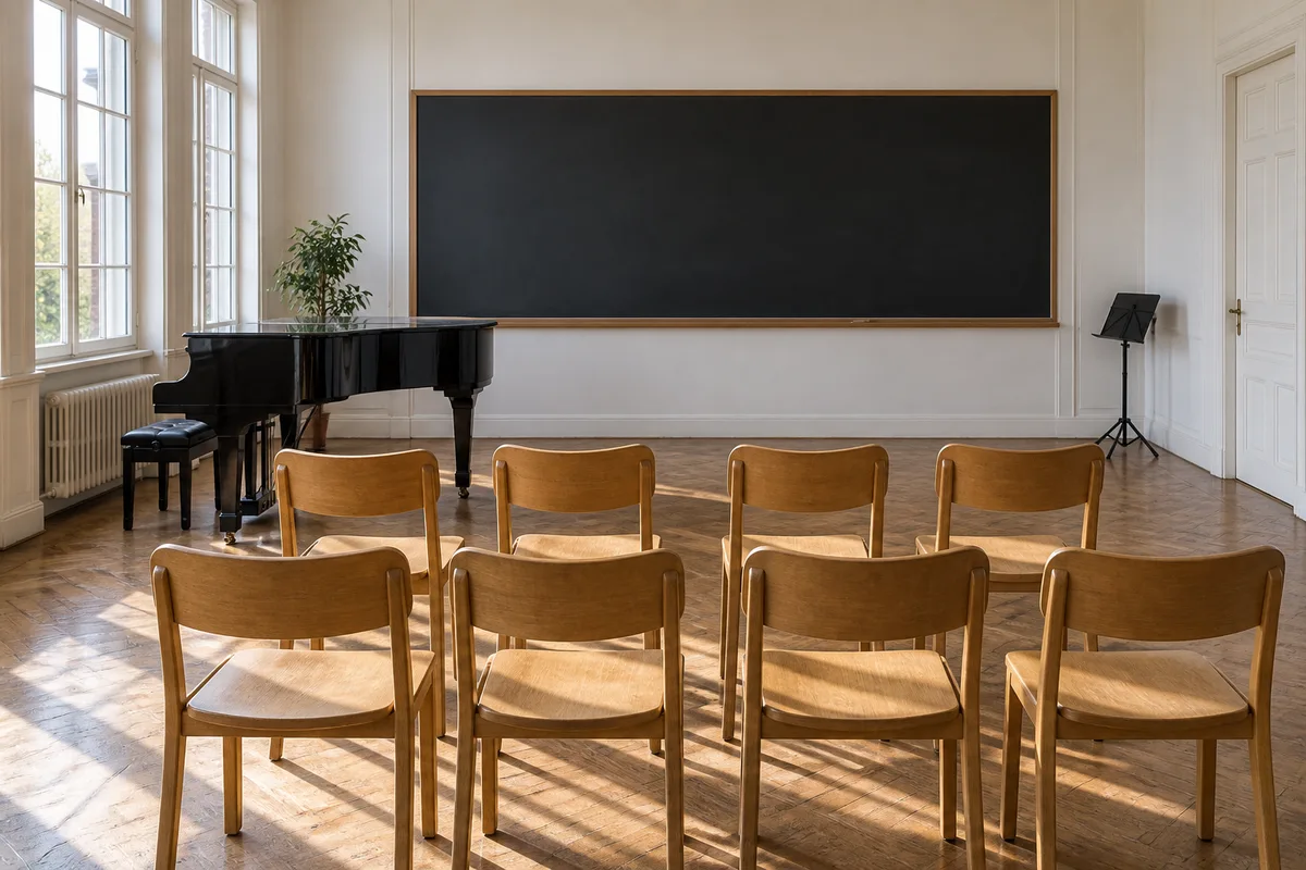 Salle de cours de musique vide avec des chaises alignées et un tableau noir