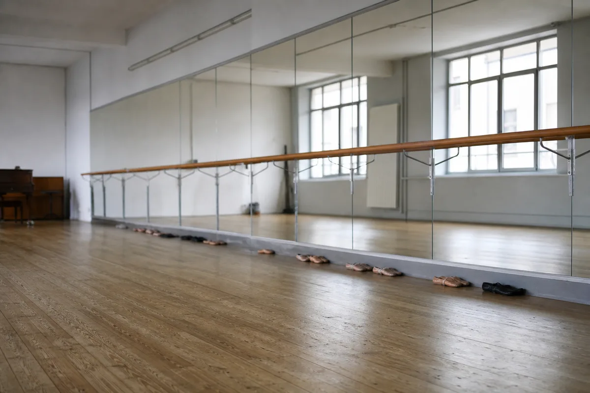 Studio de danse avec parquet clair, barre et grand miroir, sol marqué de traces de pas