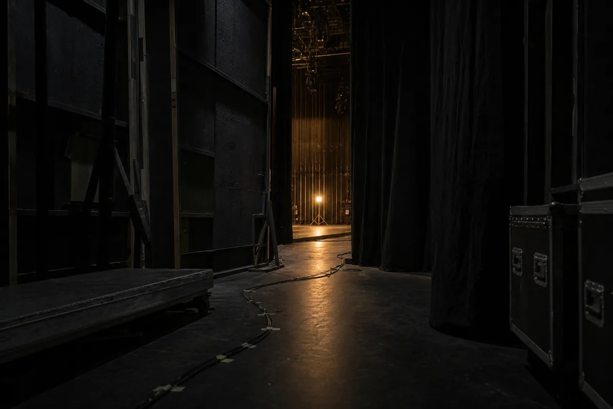 Coulisses de théâtre plongées dans la pénombre, rideau sombre et lumière de service au fond de la scène