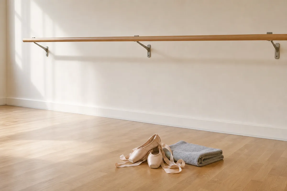 Barre de danse en bois le long d’un mur clair, chaussons posés au sol sur le parquet, lumière du matin