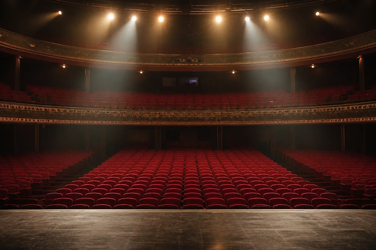 Salle de spectacle vide vue depuis la scène, rangées de fauteuils rouges et projecteurs allumés