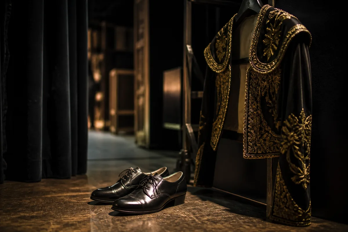 Chaussures de scène et costume suspendu dans les coulisses d&rsquo;un théâtre, lumière rasante