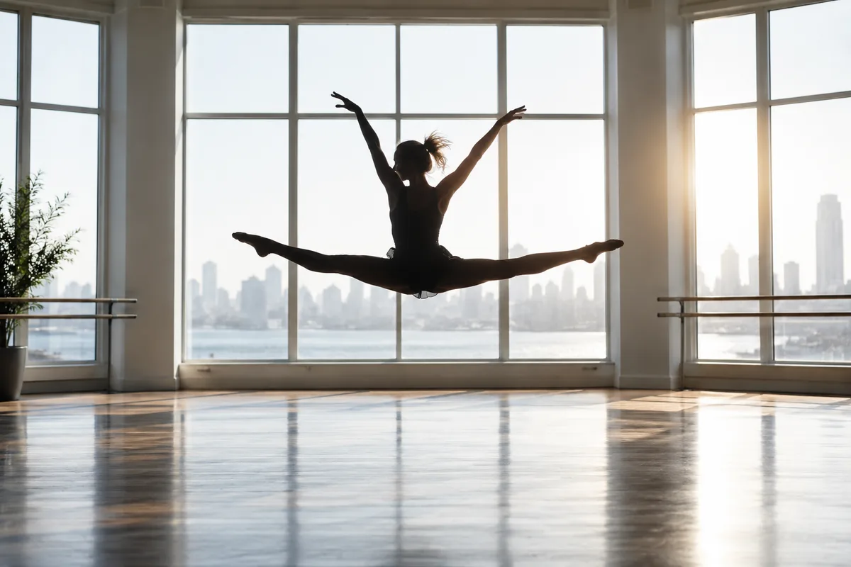 Silhouette floue d&rsquo;une danseuse en plein saut, à contre-jour devant une grande baie vitrée