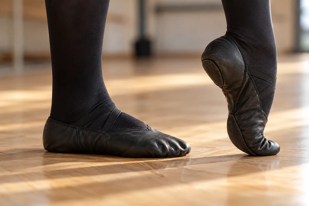 Gros plan sur des pieds en chaussons de danse noirs souples, en appui sur un parquet clair