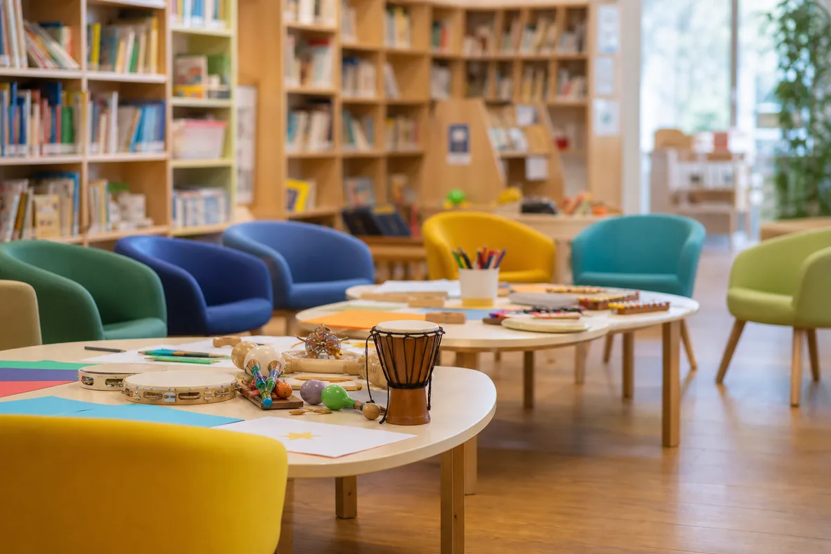 Atelier d&rsquo;animation culturelle en médiathèque, tables garnies d&rsquo;instruments de percussion et de matériel créatif, chaises colorées, lumière douce, aucune personne au premier plan