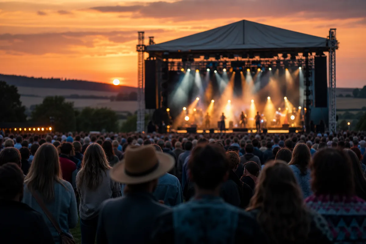 Festival de musique en plein air en Normandie, grande scène de concert au crépuscule, foule de dos au loin, structures scéniques et projecteurs allumés, ciel orangé