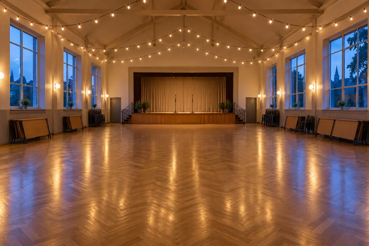 Salle des fêtes vide au parquet ciré, petite estrade avec deux pieds de micro sous des guirlandes lumineuses