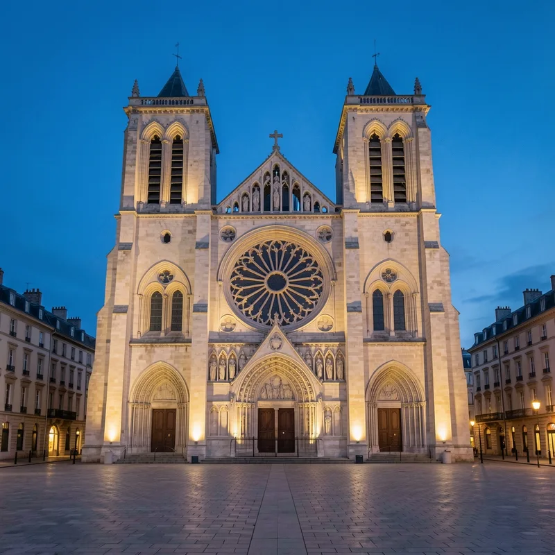 Cathédrale gothique parisienne photographiée au crépuscule depuis le parvis, façade éclairée et ciel bleu profond