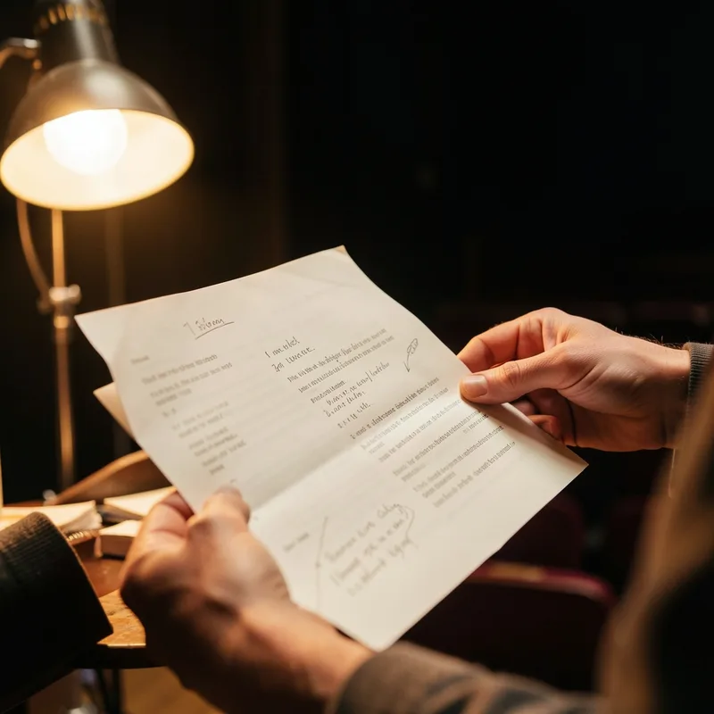 Mains d&rsquo;un comédien tenant un manuscrit annoté à la lumière d&rsquo;une lampe de répétition, scène en pénombre