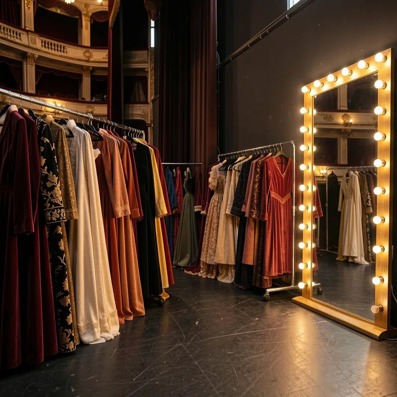 Coulisses d&rsquo;une grande salle de spectacle, portants de costumes de scène et miroir de loge éclairé par des ampoules