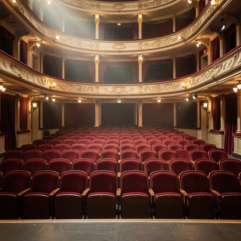 Rangées de fauteuils rouges vides d&rsquo;un grand théâtre vues depuis la scène, lumière de service allumée
