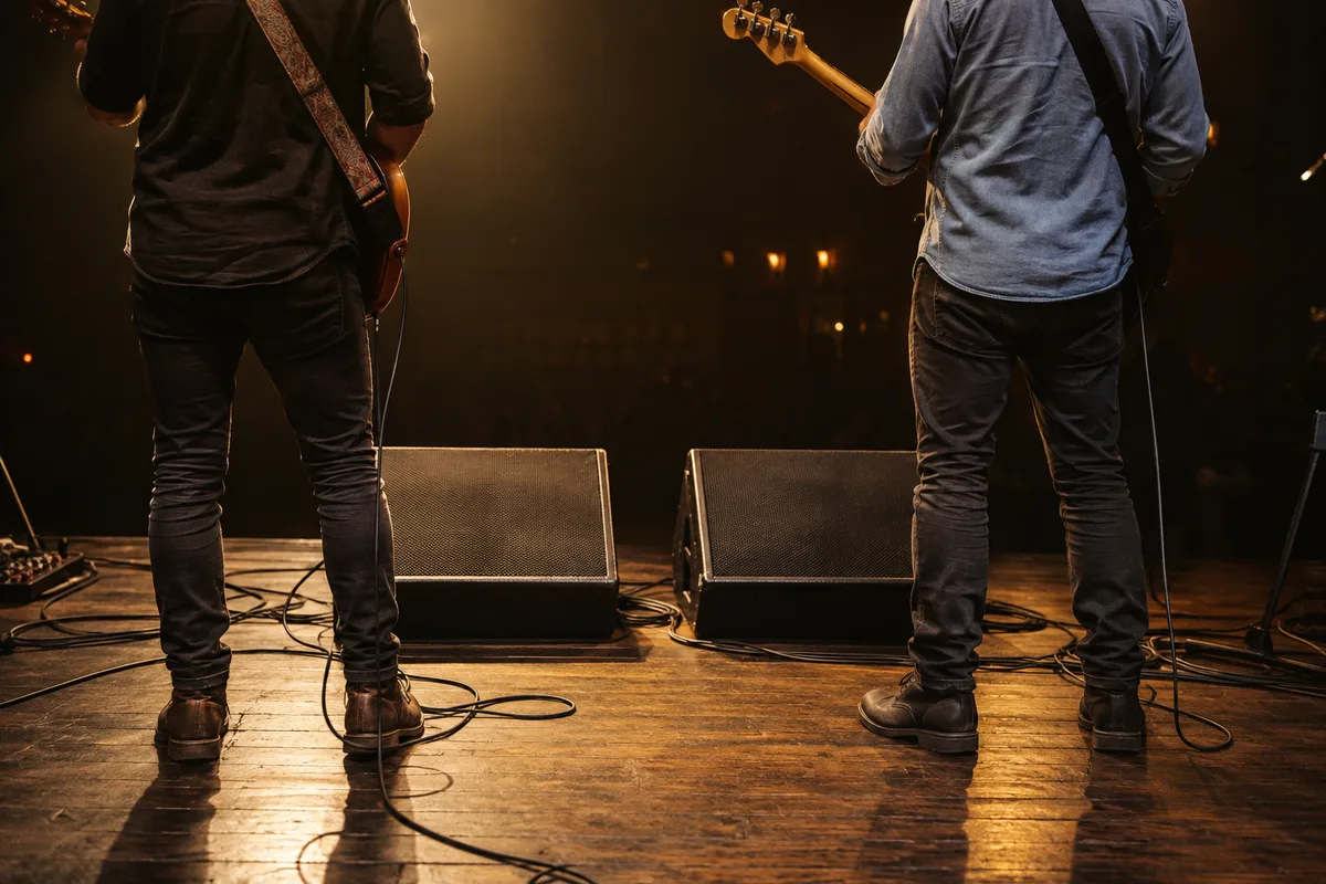 Musiciens vus de dos sur une scène en bois, face à deux retours de scène posés au sol