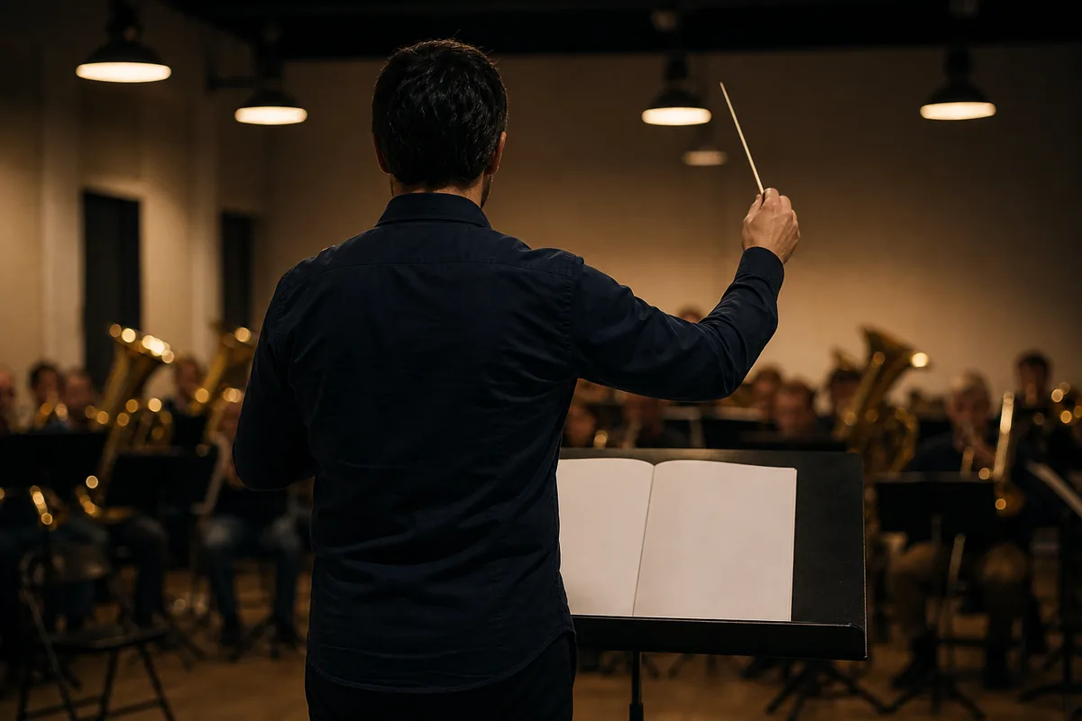 Chef d&rsquo;orchestre de dos dirigeant une harmonie amateur pendant une répétition du soir