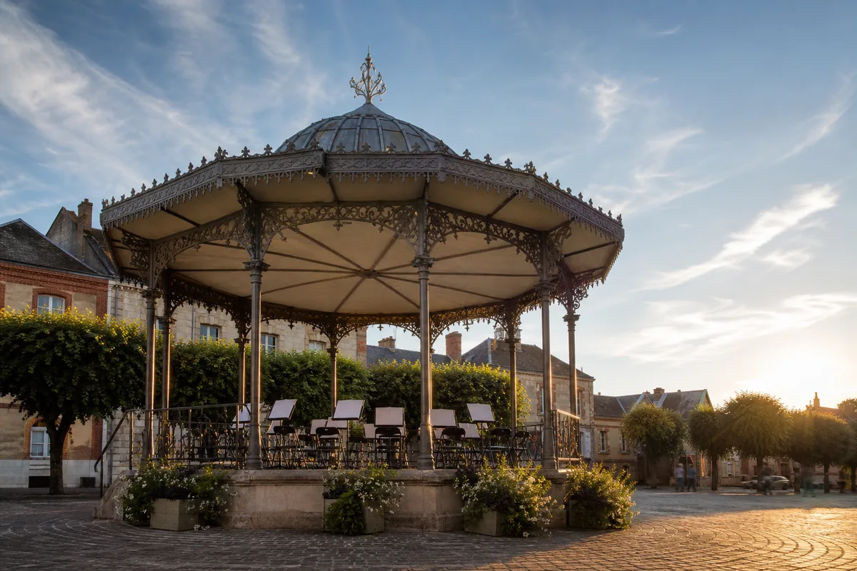 Kiosque à musique d&rsquo;une place de village champenoise avant un concert en plein air