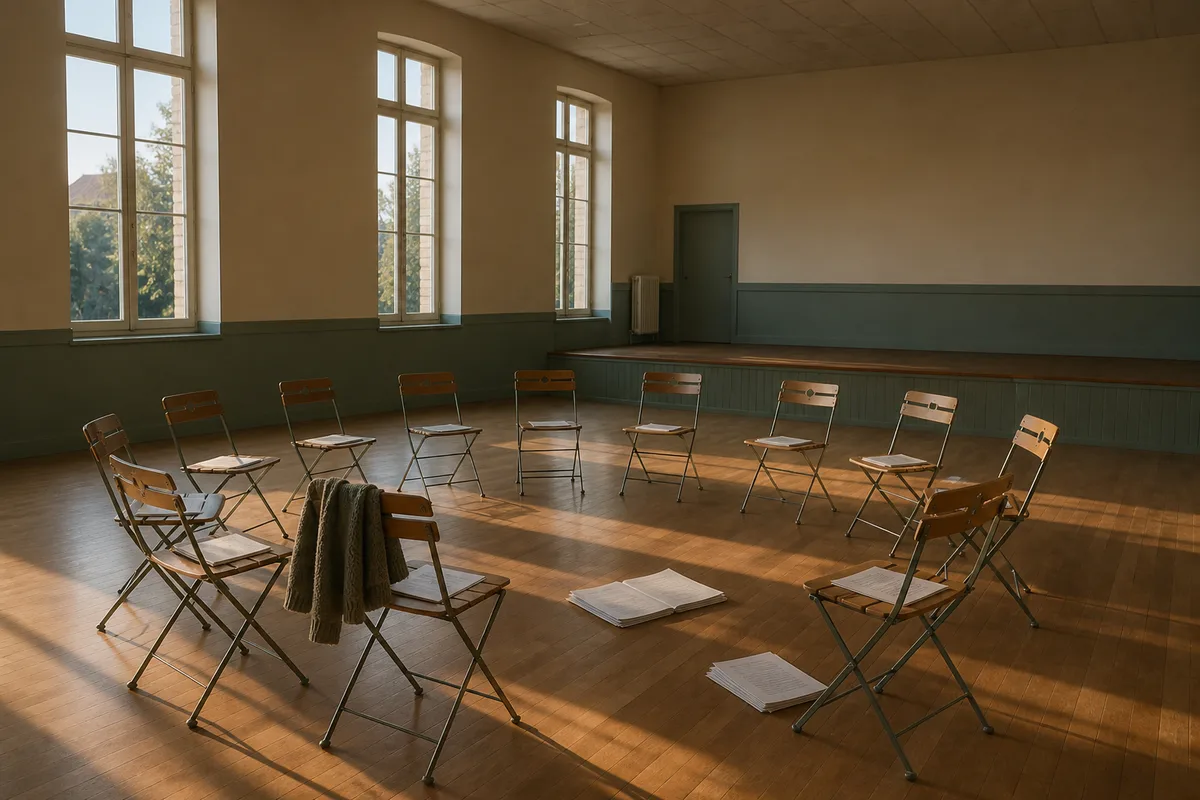 Chaises pliantes disposées en cercle dans une salle des fêtes, lumière naturelle en fin de journée, exemplaires annotés d’une pièce posés au sol