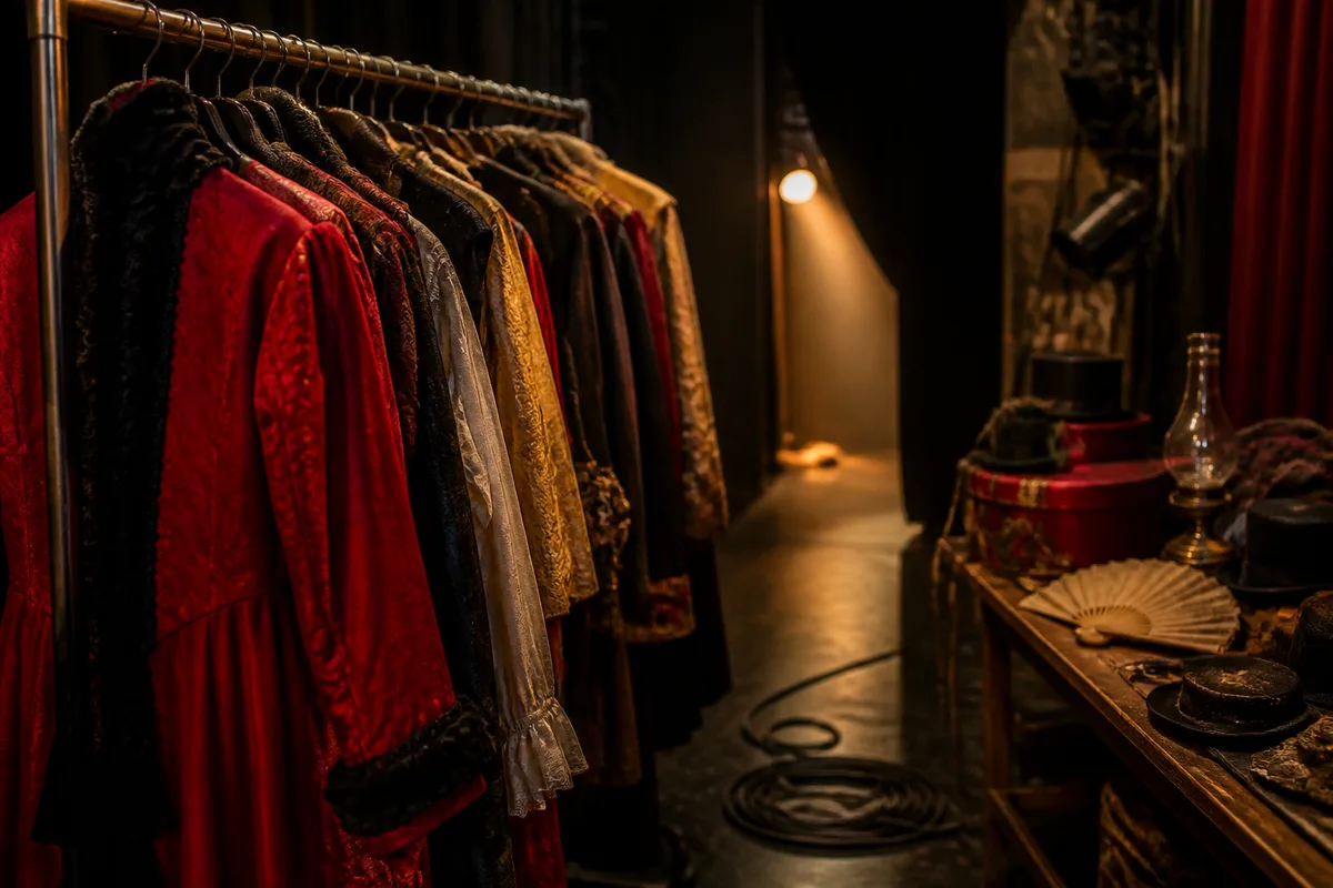 Coulisses d’une petite salle de spectacle, portants de costumes et accessoires rangés, faisceau de projecteur visible en arrière-plan flou